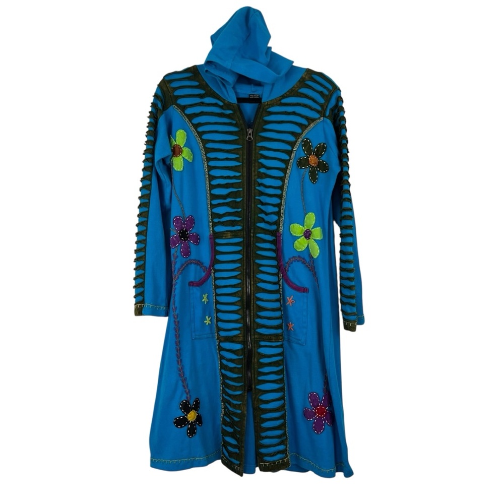 Boho Hippie Hooded Jacket Colorful Embroidered Flowers Cutout Design Size Large - Picture 10 of 11